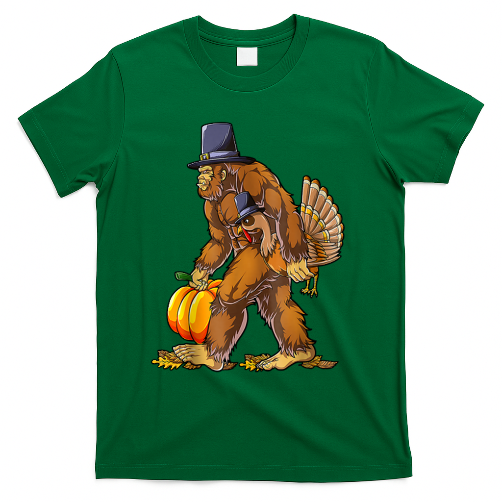 Bigfoot Turkey Thanksgiving Funny Holiday T-Shirt - Green