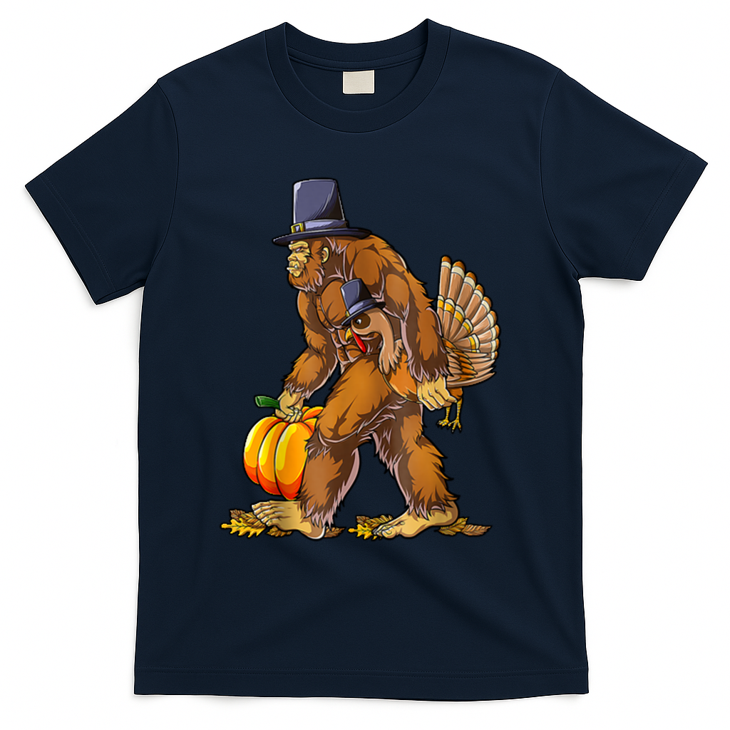 Bigfoot Turkey Thanksgiving Funny Holiday T-Shirt - Navy