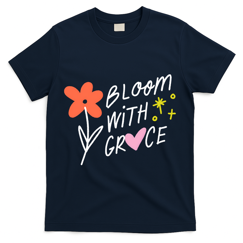 Bloom With Grace Summer Quote T-Shirt - Navy
