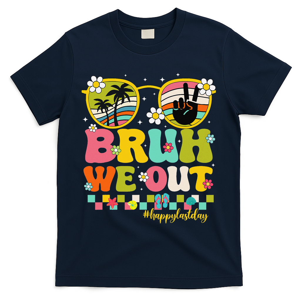 Bruh We Out Teachers Happy Last Day Of School Retro Groovy T-Shirt - Navy