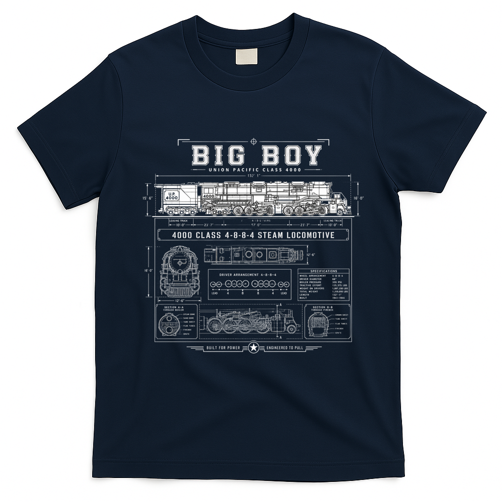 Big Boy 4000 Blueprint Steam Locomotive Train T-Shirt - Navy Blue