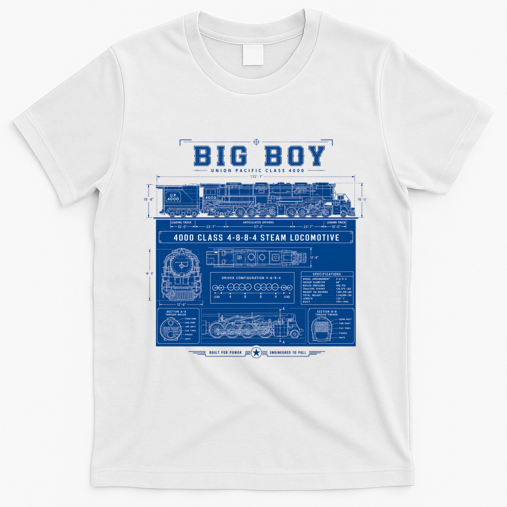 Big Boy 4000 Blueprint Steam Locomotive Train T-Shirt - White