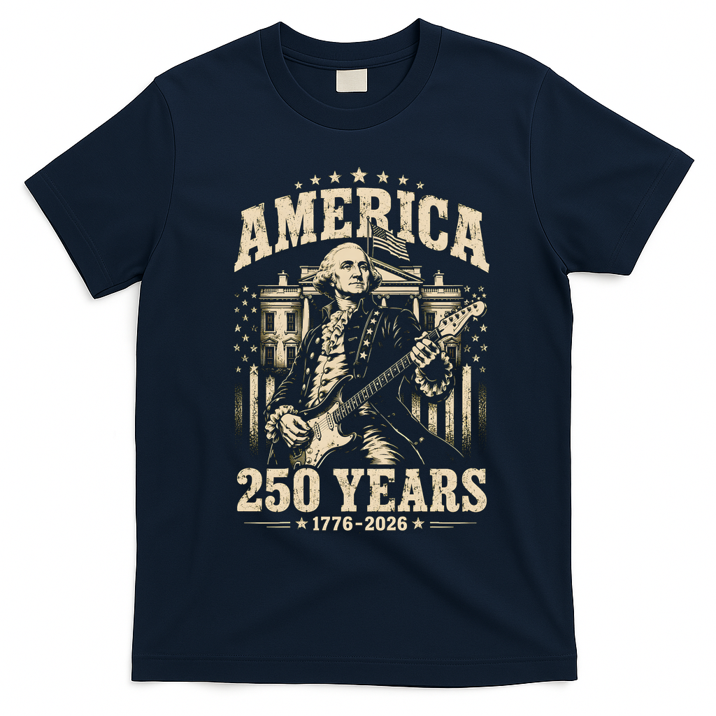 Celebrate 250 Years Of America George Washington Rocking Out T-Shirt - Navy Blue