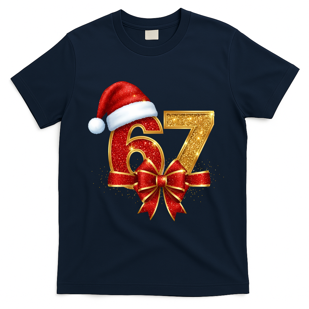 Christmas 67 Santa Hat Bow T-Shirt - Navy Blue