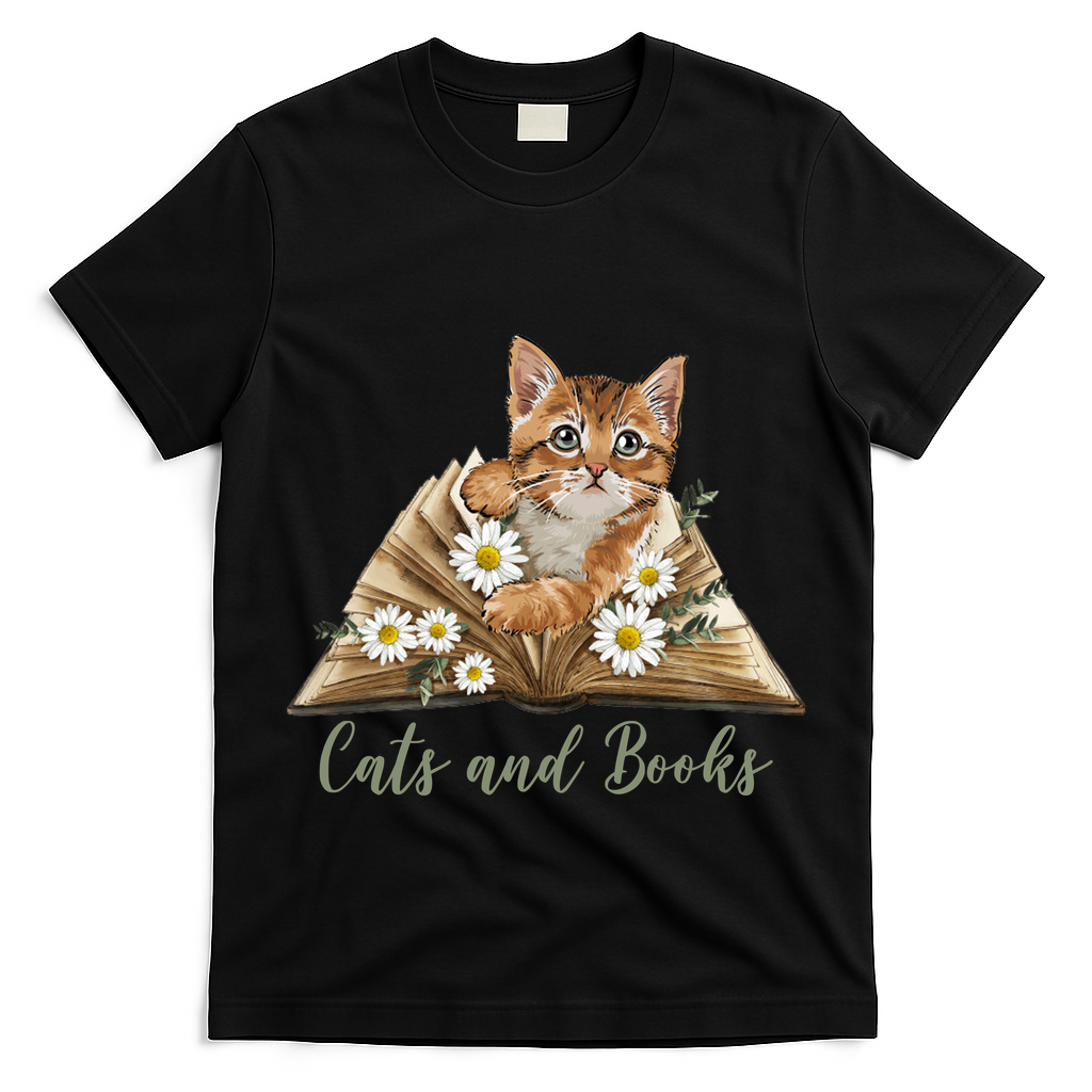 Cats And Books Floral Cute T-Shirt