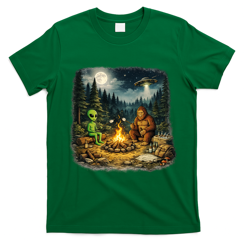 Camping Aliens Bigfoot UFO Campfire Adventure T-Shirt - Irish Green