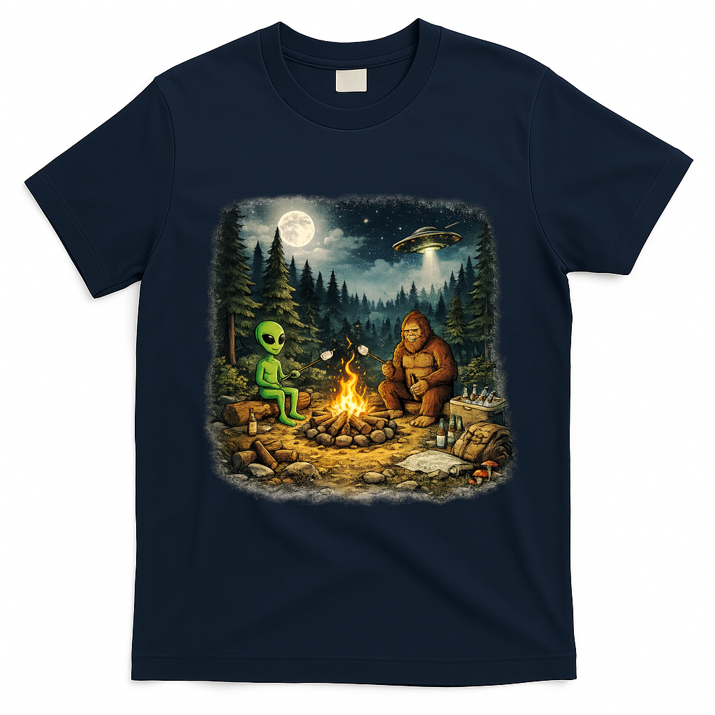 Camping Aliens Bigfoot UFO Campfire Adventure T-Shirt - Navy Blue