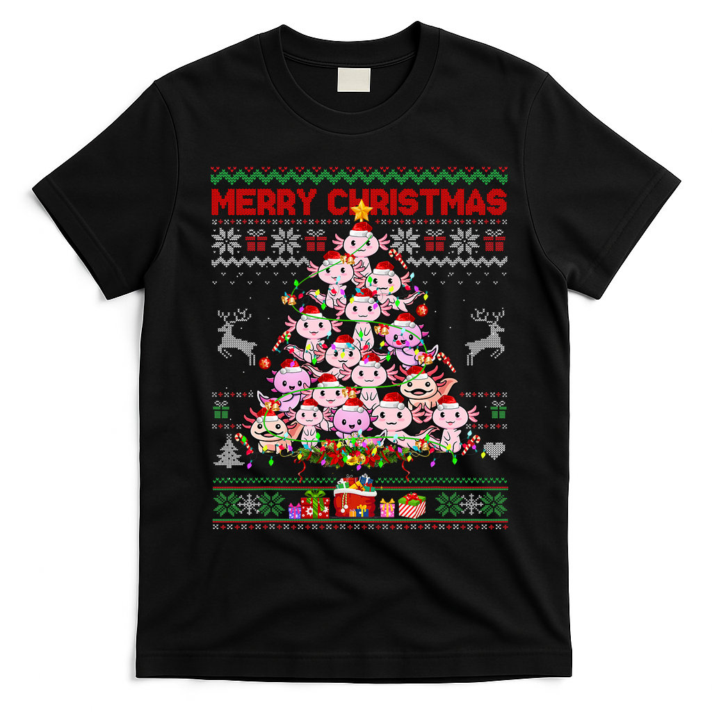 Cute Axolotl Christmas Tree Ugly Sweater   T-Shirt - Black