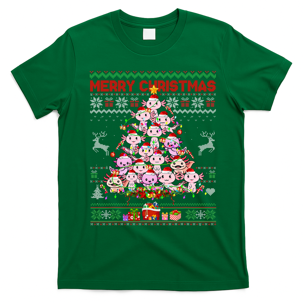 Cute Axolotl Christmas Tree Ugly Sweater   T-Shirt - Irish Green