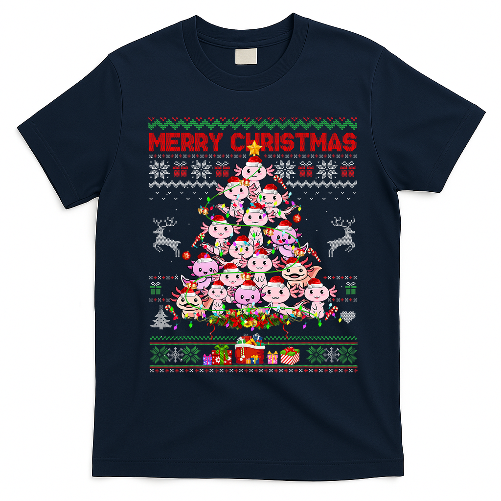 Cute Axolotl Christmas Tree Ugly Sweater   T-Shirt - Navy Blue