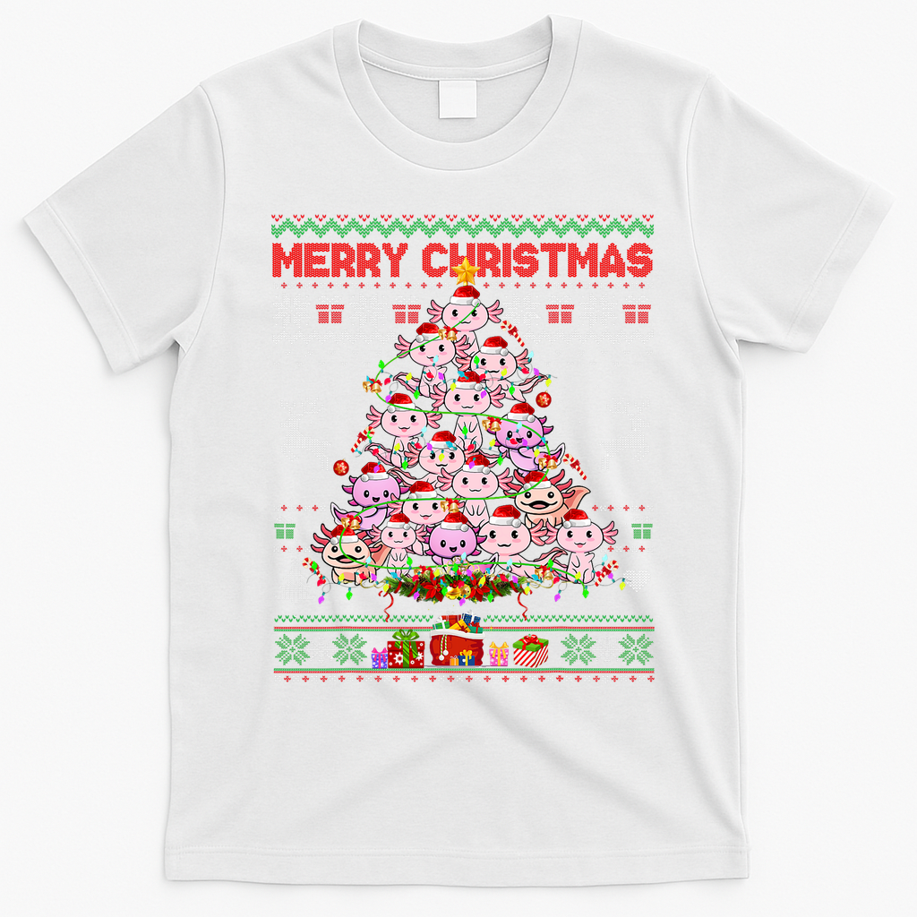 Cute Axolotl Christmas Tree Ugly Sweater   T-Shirt - White