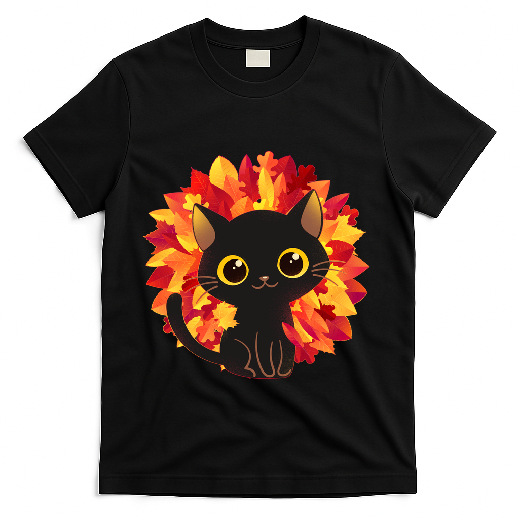 Cute Autumn Fall Black Cat T-Shirt - Black