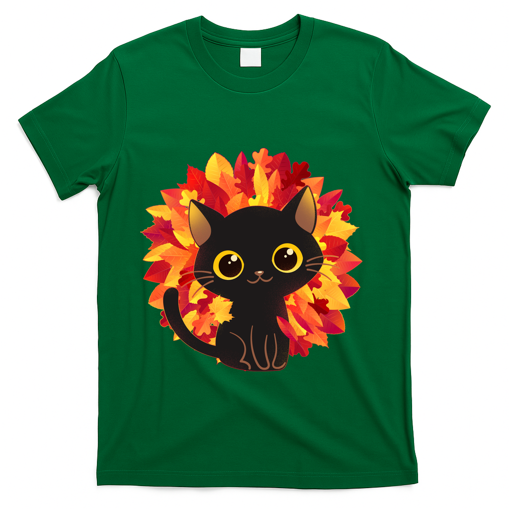 Cute Autumn Fall Black Cat T-Shirt - Green