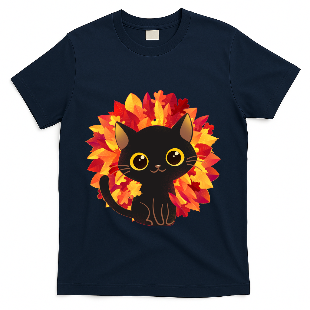 Cute Autumn Fall Black Cat T-Shirt - Navy