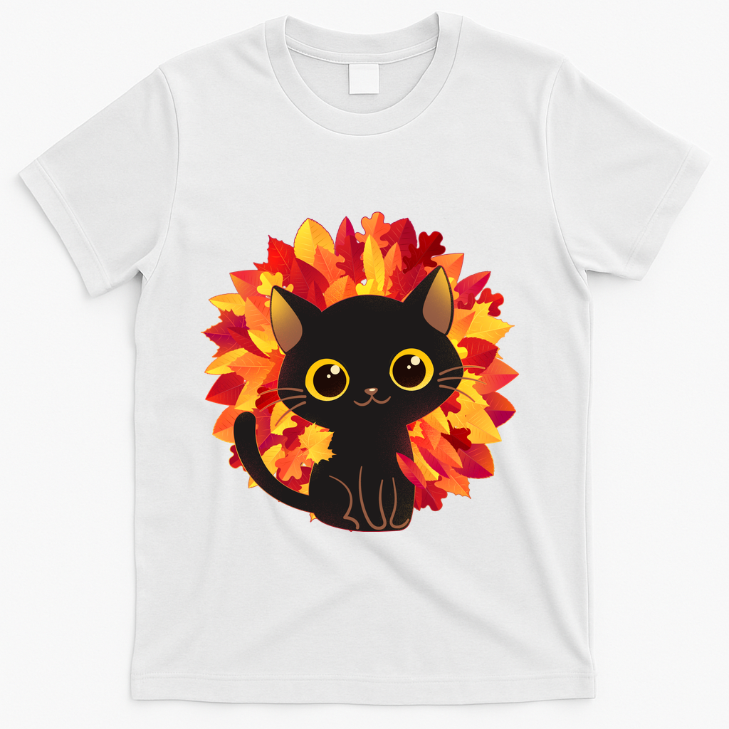 Cute Autumn Fall Black Cat T-Shirt - White