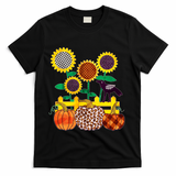 Cute Autumn Fall Patterns Raven Crow Sunflowers Pumpkins T-Shirt - Black