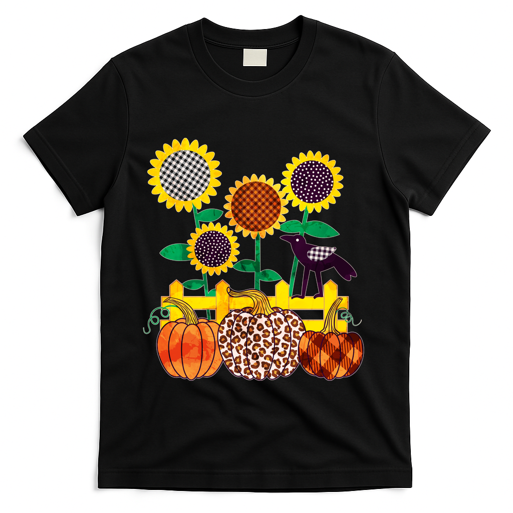 Cute Autumn Fall Patterns Raven Crow Sunflowers Pumpkins T-Shirt - Black