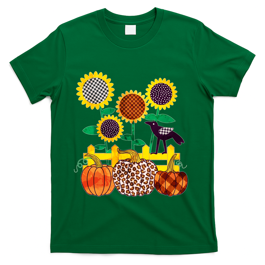 Cute Autumn Fall Patterns Raven Crow Sunflowers Pumpkins T-Shirt - Green