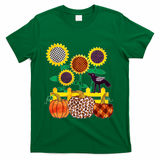 Cute Autumn Fall Patterns Raven Crow Sunflowers Pumpkins T-Shirt - Green