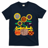 Cute Autumn Fall Patterns Raven Crow Sunflowers Pumpkins T-Shirt - Navy