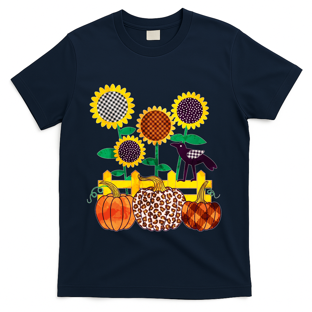 Cute Autumn Fall Patterns Raven Crow Sunflowers Pumpkins T-Shirt - Navy