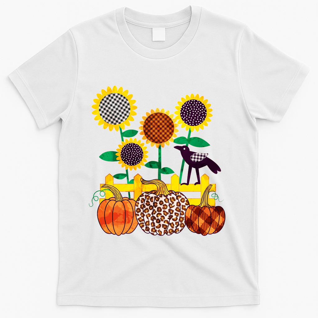 Cute Autumn Fall Patterns Raven Crow Sunflowers Pumpkins T-Shirt - White