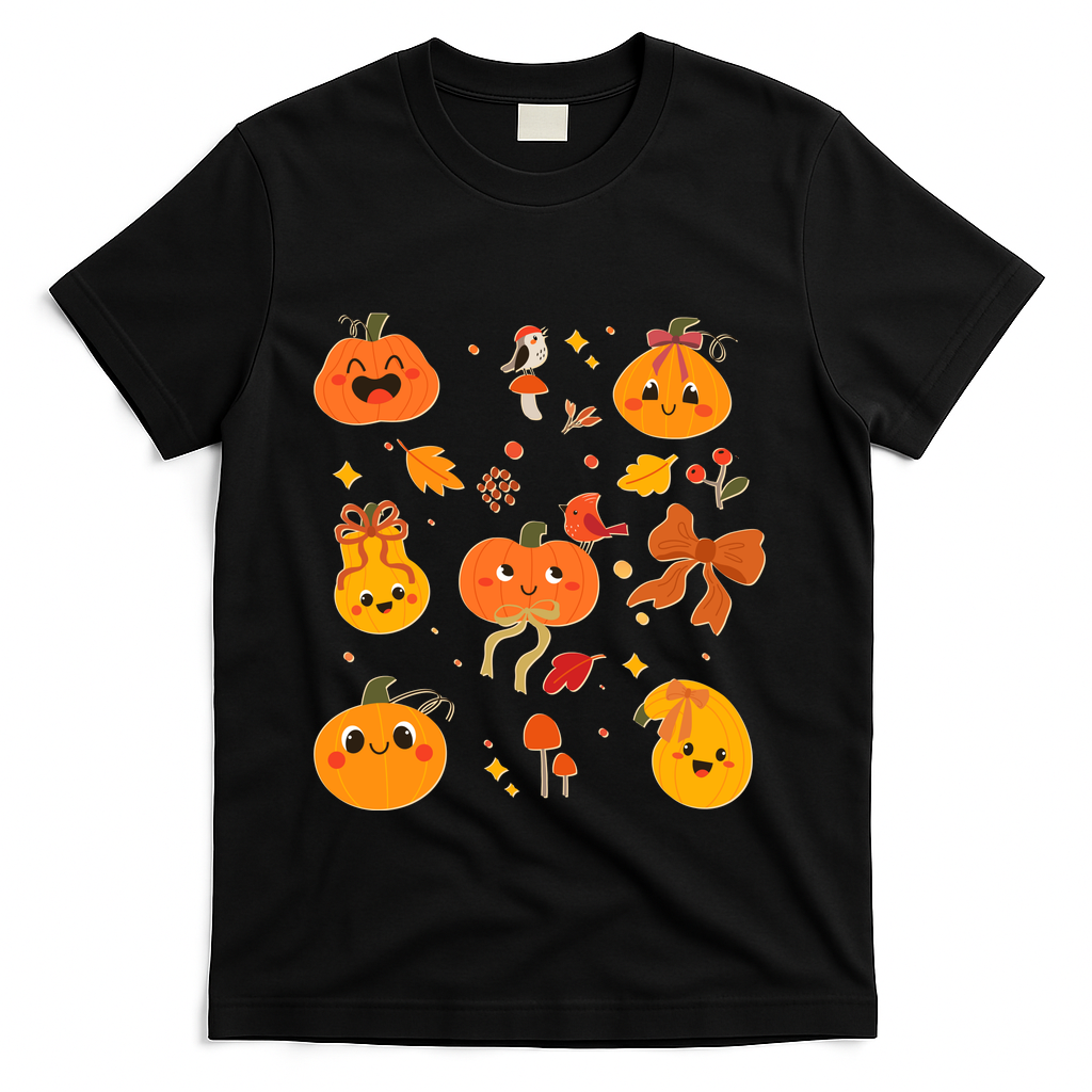 Cute Autumn Fall Pumpkins Ribbons Bows T-Shirt - Black