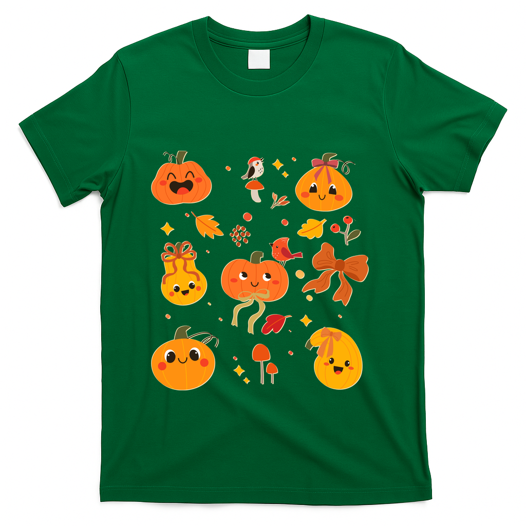 Cute Autumn Fall Pumpkins Ribbons Bows T-Shirt - Green