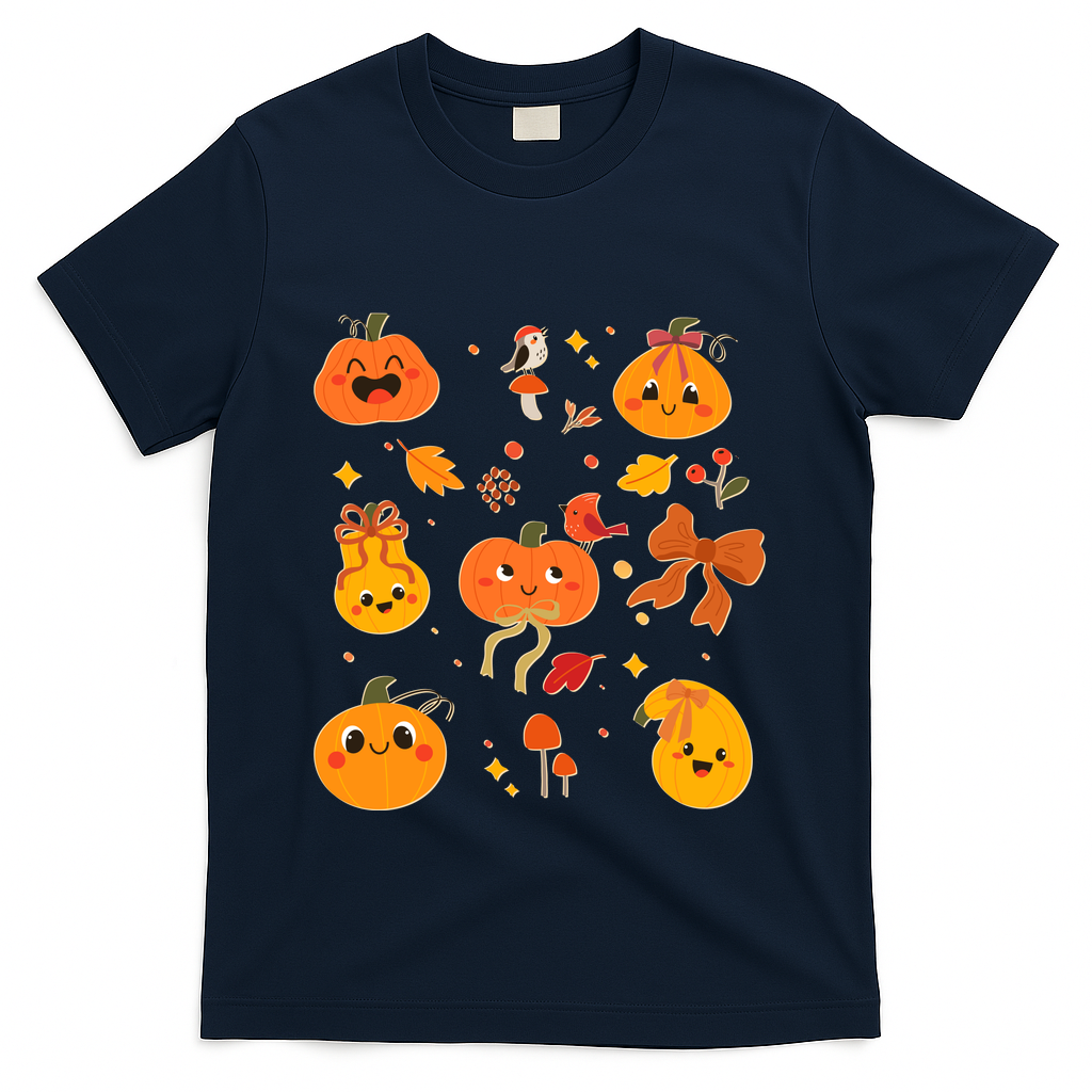 Cute Autumn Fall Pumpkins Ribbons Bows T-Shirt - Navy