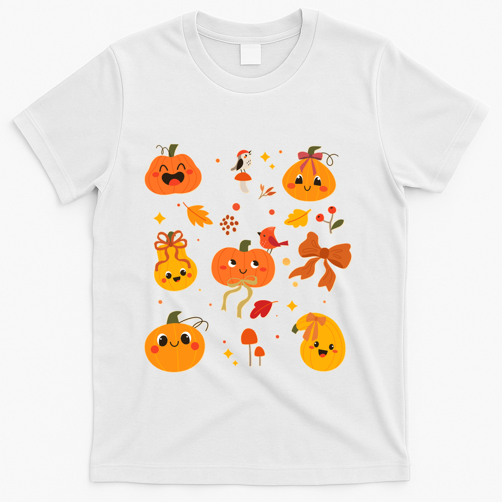 Cute Autumn Fall Pumpkins Ribbons Bows T-Shirt - White