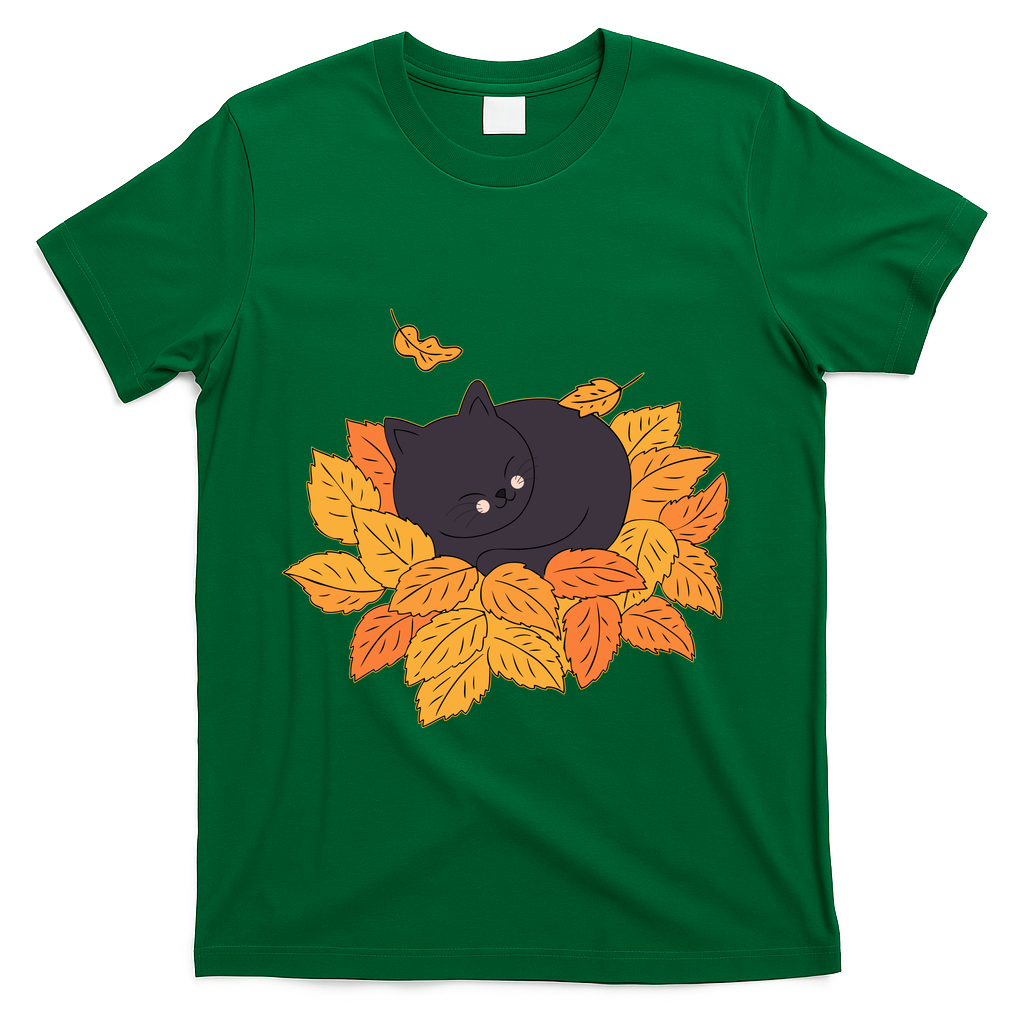 Cute Autumn Fall Sleeping Black Kitty Leaves T-Shirt - Green