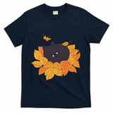 Cute Autumn Fall Sleeping Black Kitty Leaves T-Shirt - Navy