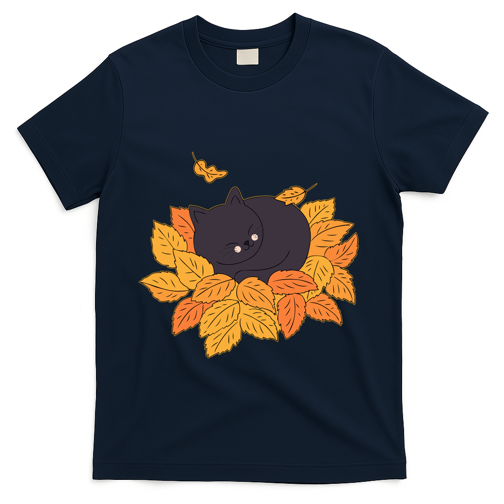 Cute Autumn Fall Sleeping Black Kitty Leaves T-Shirt - Navy