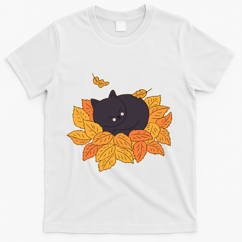Cute Autumn Fall Sleeping Black Kitty Leaves T-Shirt - White