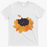 Cute Autumn Fall Sleeping Black Kitty Leaves T-Shirt - White