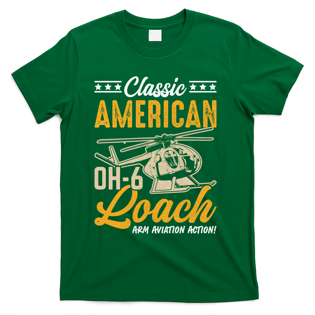 Classic American Hughes OH-6 Cayuse Loach Arm Aviation Action T-Shirt - Green