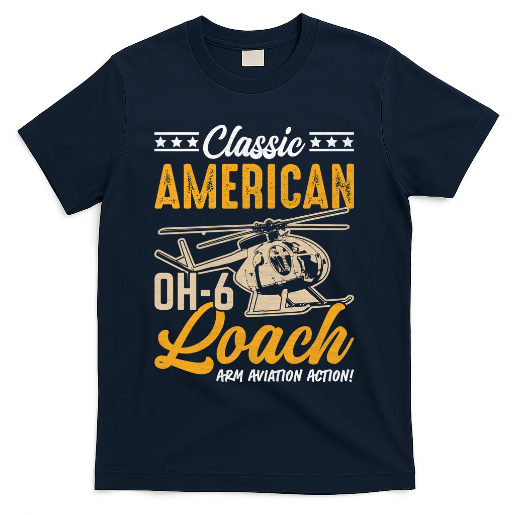 Classic American Hughes OH-6 Cayuse Loach Arm Aviation Action T-Shirt - Navy