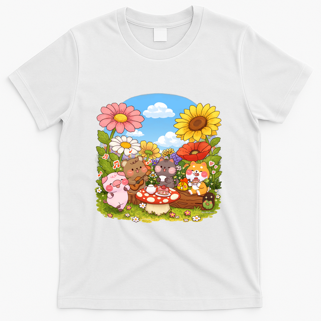 Cute Animals in Giant Flower Field - White