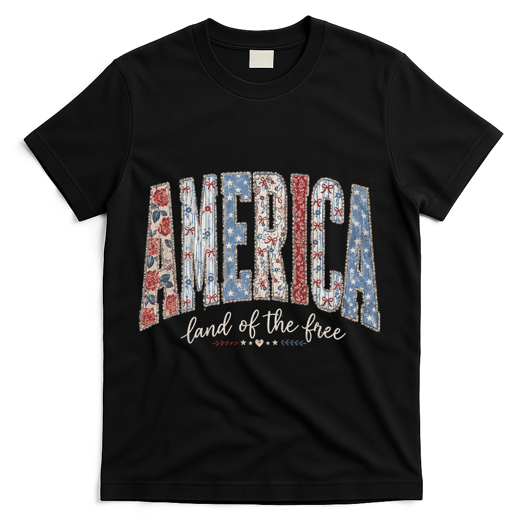 Cute America Land Of The Free Patchwork Varsity Style T-Shirt - Black
