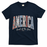 Cute America Land Of The Free Patchwork Varsity Style T-Shirt - Navy