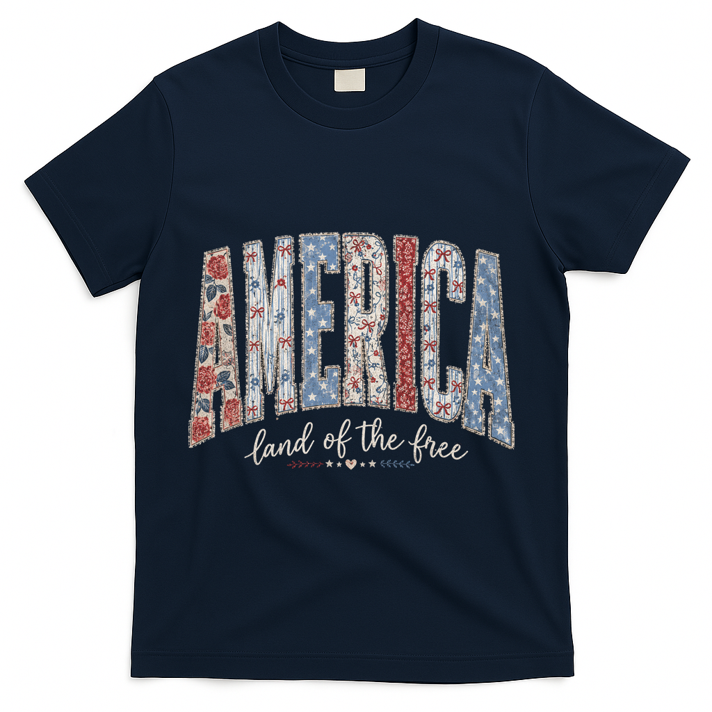 Cute America Land Of The Free Patchwork Varsity Style T-Shirt - Navy