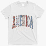 Cute America Land Of The Free Patchwork Varsity Style T-Shirt - White