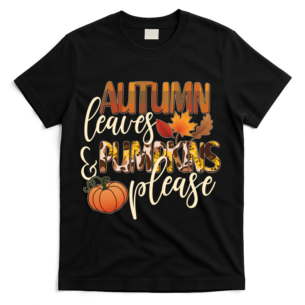 Cute Autumn Leaves And Pumpkins Please T-Shirt - Black