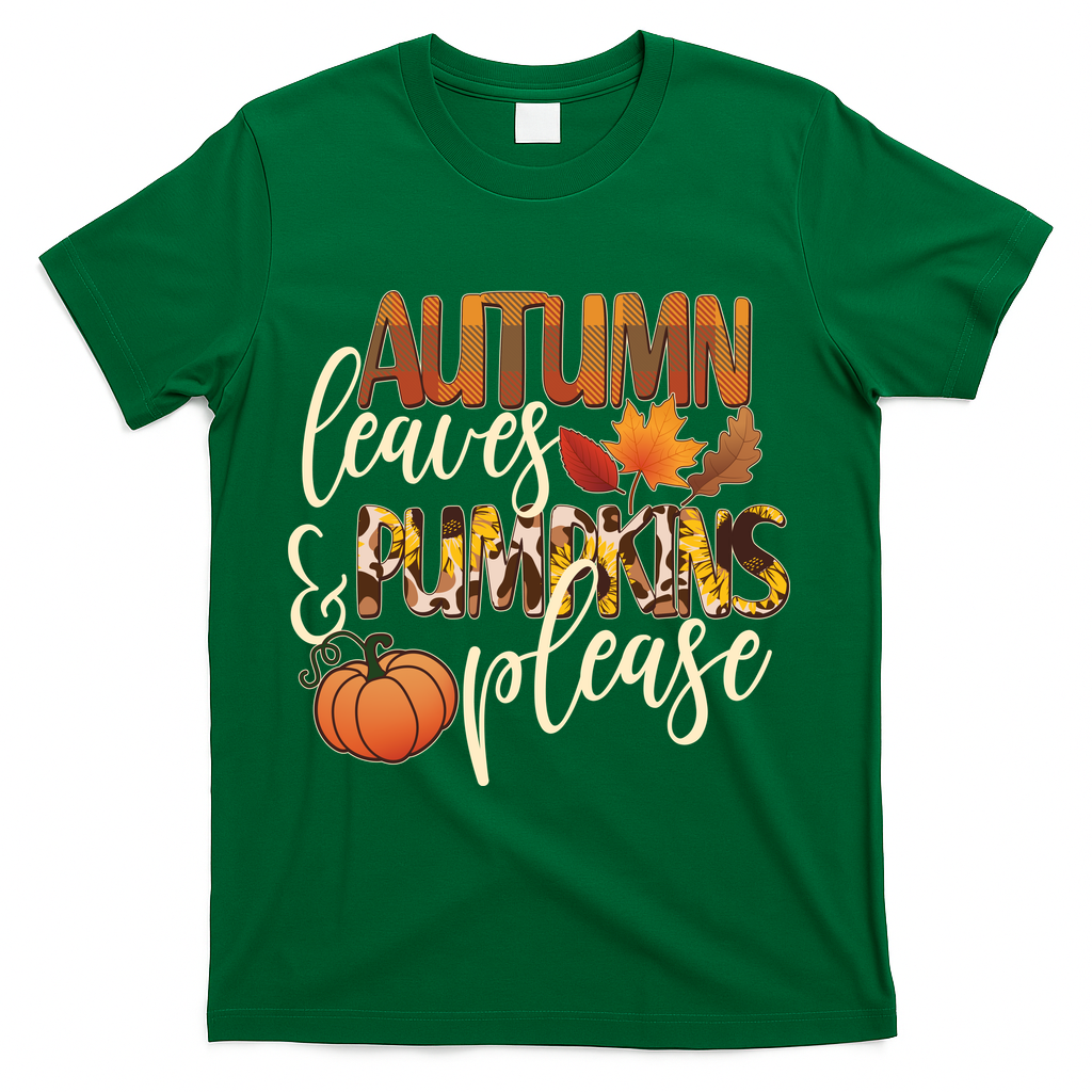 Cute Autumn Leaves And Pumpkins Please T-Shirt - Green