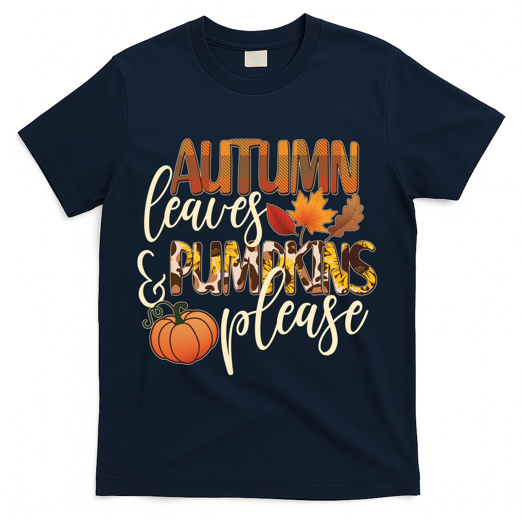 Cute Autumn Leaves And Pumpkins Please T-Shirt - Navy