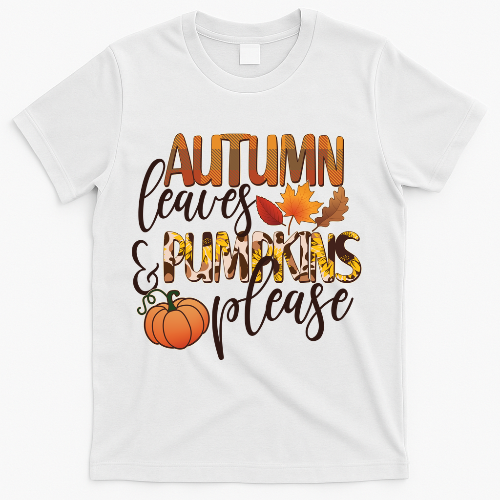 Cute Autumn Leaves And Pumpkins Please T-Shirt - White