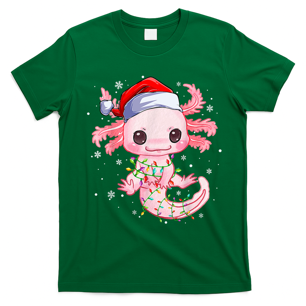 Christmas Axolotl Santa Hat Lights Japanese Cute Anime Xmas T-Shirt - Irish Green