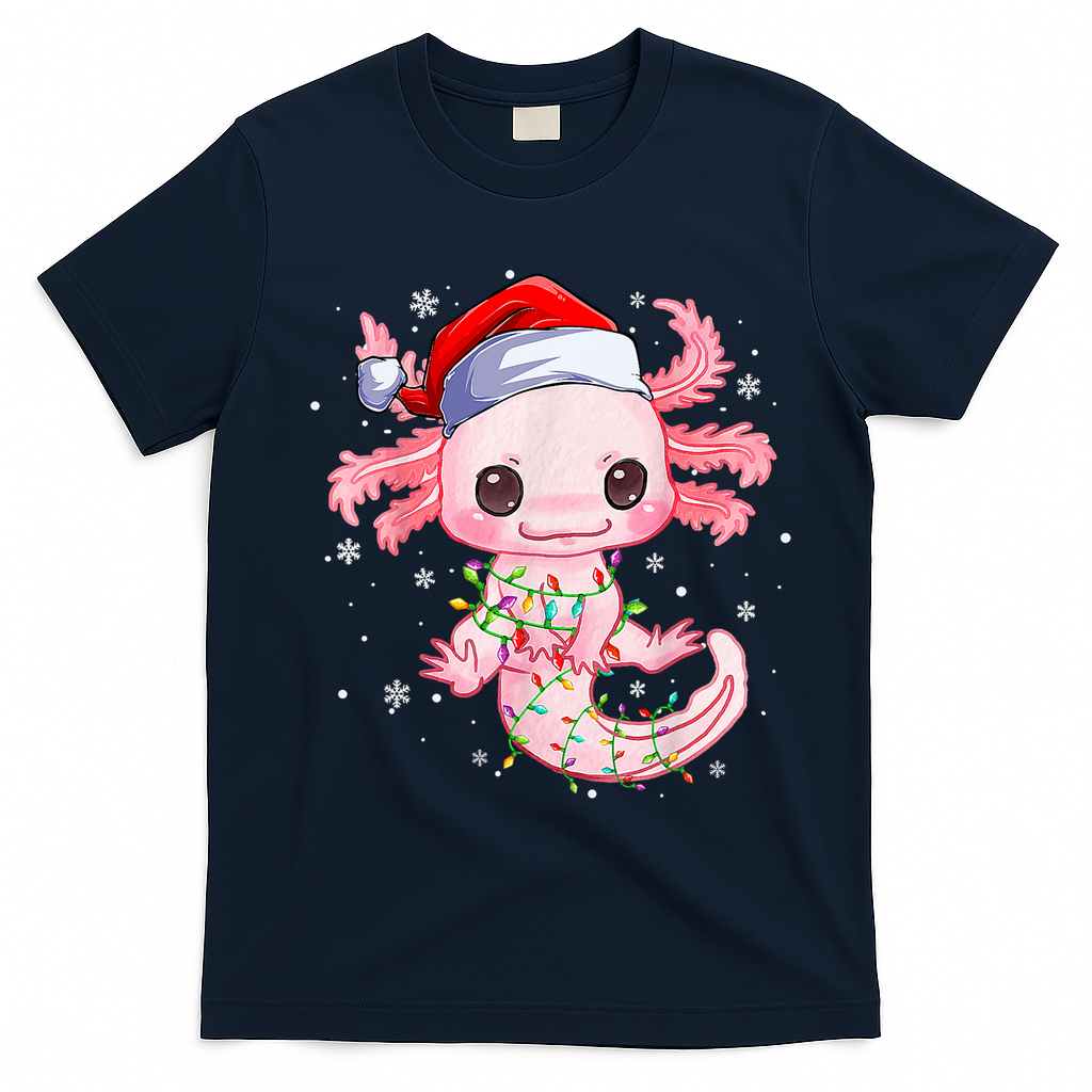 Christmas Axolotl Santa Hat Lights Japanese Cute Anime Xmas T-Shirt - Navy Blue