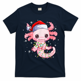 Christmas Axolotl Santa Hat Lights Japanese Cute Anime Xmas T-Shirt - Navy Blue