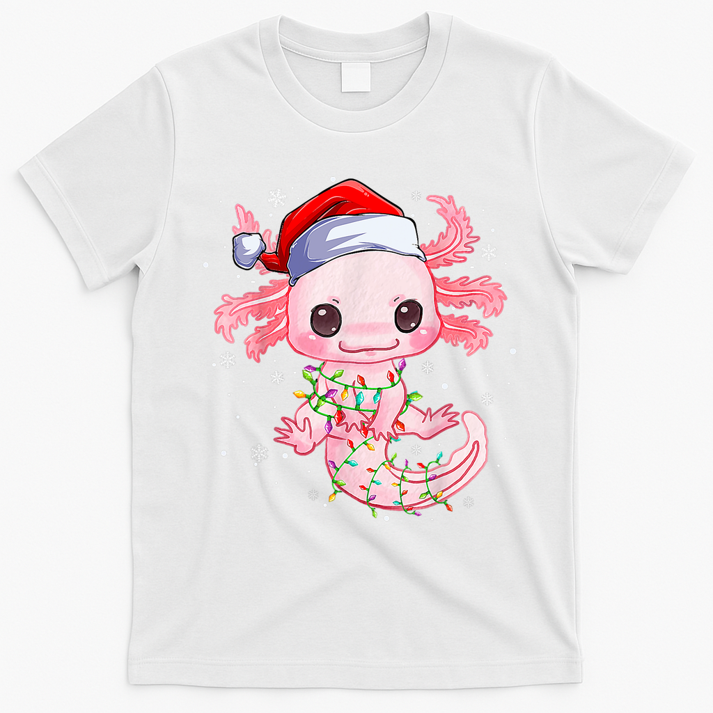 Christmas Axolotl Santa Hat Lights Japanese Cute Anime Xmas T-Shirt - White